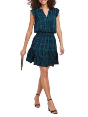 Vineyard Vines Blackwatch Green Blue Plaid Smocked Ruffle Dress size Large